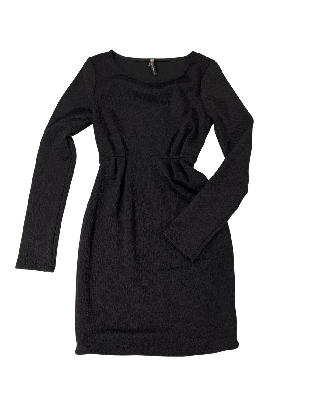 Juniors Black Pleated Waist Back Cut Out Long-Sleeve Ponte Sheath Dress